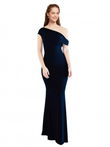 Stretch Crepe One Shoulder Sleeveless Dark Navy Long Formal Evening Gown / Prom Dress / Bridesmaid Dress Essex