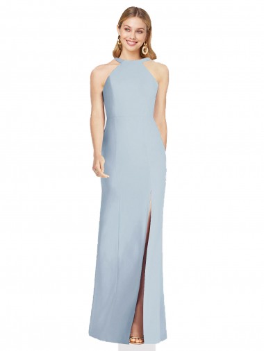Stretch Crepe Halter Neck Sleeveless Open Back Light Sky Blue Long Formal Evening Gown / Bridesmaid Dress Essex