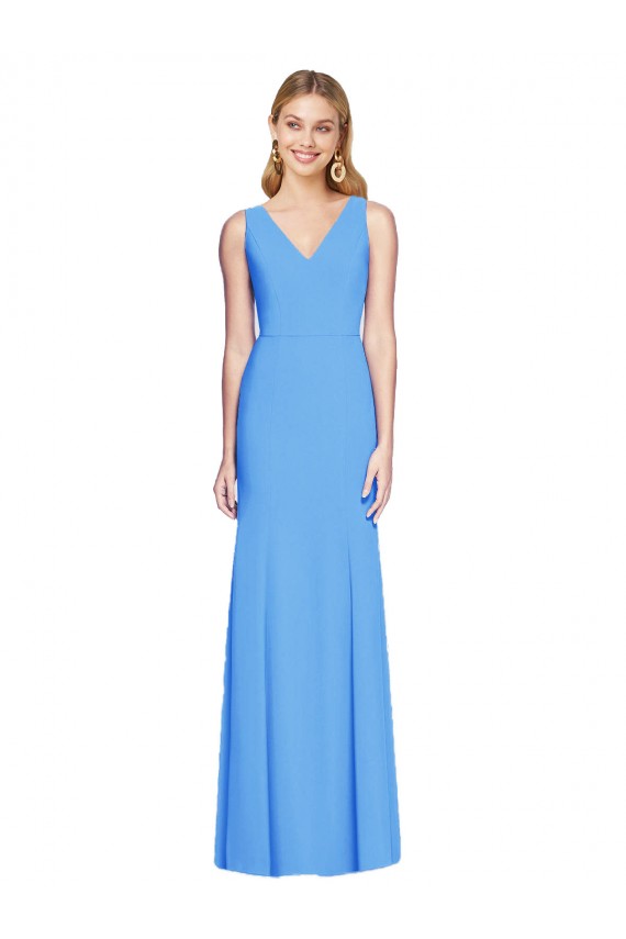 Stretch Crepe V-Neck Sleeveless Keyhole Back Peacock Blue Long Semi Formal Evening Dress / Prom Dress / Bridesmaid Dress Essex