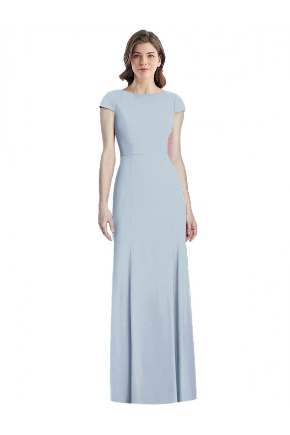 Stretch Crepe Bateau Neck Cap Sleeves Open Back Light Sky Blue Long Formal Dress / Bridesmaid Dress Essex
