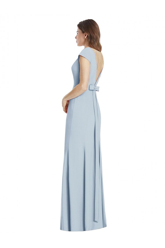 Stretch Crepe Bateau Neck Cap Sleeves Open Back Light Sky Blue Long Formal Dress / Bridesmaid Dress Essex