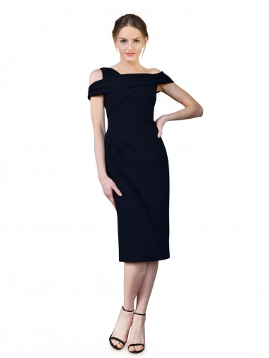 Stretch Crepe Off the Shoulder Sleeveless Dark Navy Cocktail Length Formal Evening Gown / Prom Dress / Bridesmaid Dress Essex
