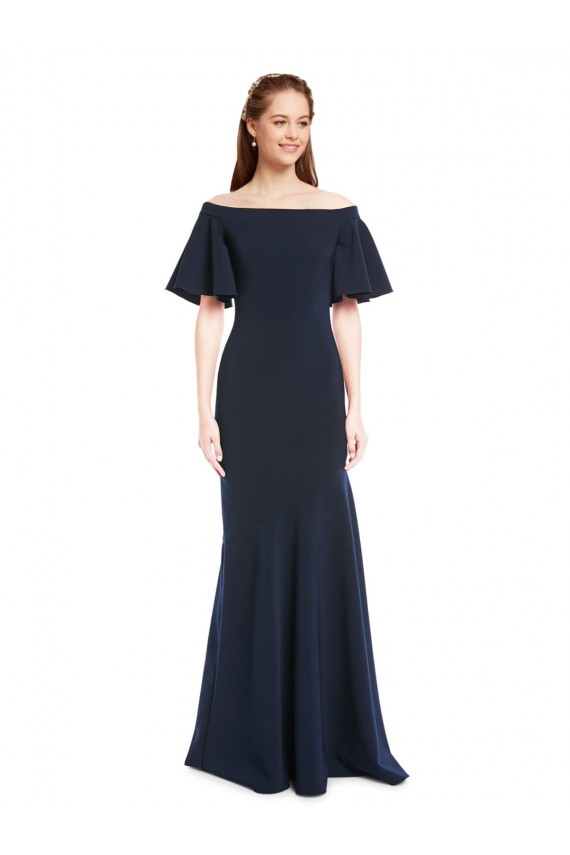 Stretch Crepe Off the Shoulder Short Sleeves Long Bridesmaid Dress / Formal Dress Essex
