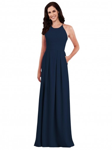 Stretch Crepe Halter Neck Sleeveless Open Back Dark Navy Long Semi Formal Evening Dress / Bridesmaid Dress Essex