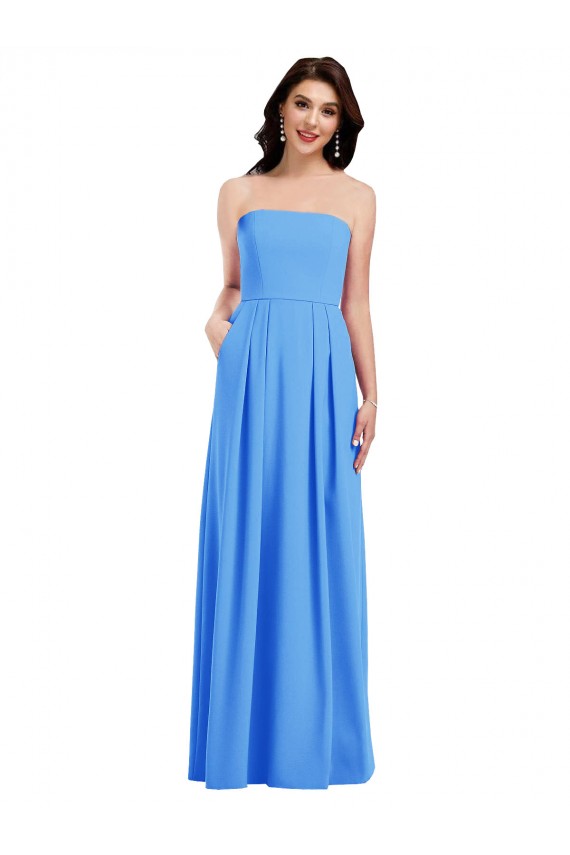 Stretch Crepe Strapless Sleeveless Low Back Peacock Blue Long Semi Formal Evening Dress / Prom Dress / Bridesmaid Dress Essex