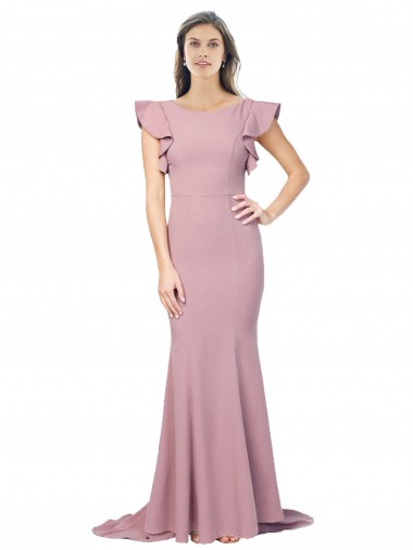 Stretch Crepe Round Neck Flutter Sleeves V-Back Sweep Train Formal Evening Gown / Prom Dress / Bridesmaid Dress Essex