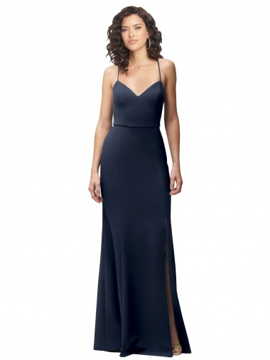 Stretch Crepe Spaghetti Straps Sleeveless Open Back Dark Navy Long Formal Evening Gown / Prom Dress / Bridesmaid Dress Essex