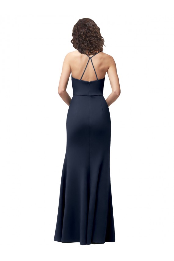 Stretch Crepe Spaghetti Straps Sleeveless Open Back Dark Navy Long Formal Evening Gown / Prom Dress / Bridesmaid Dress Essex