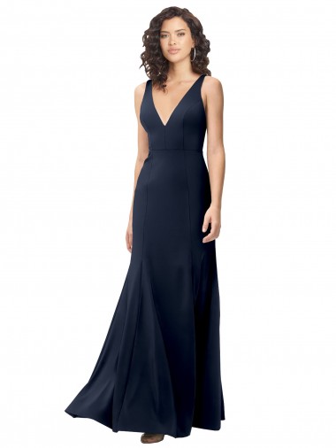 Stretch Crepe V-Neck Sleeveless V-Back Dark Navy Long Formal Dress / Bridesmaid Dress Essex