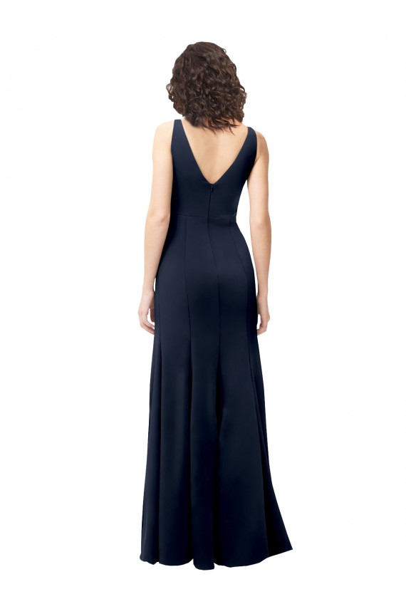 Stretch Crepe V-Neck Sleeveless V-Back Dark Navy Long Formal Dress / Bridesmaid Dress Essex