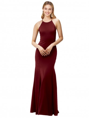 Stretch Crepe Halter Neck Sleeveless Open Back Burgundy Gold Long Formal Evening Gown / Prom Dress / Bridesmaid Dress Essex