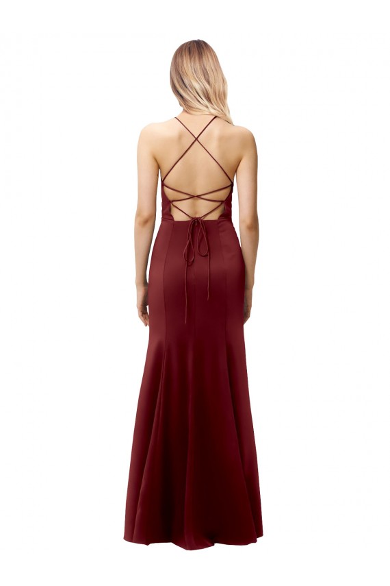Stretch Crepe Halter Neck Sleeveless Open Back Burgundy Gold Long Formal Evening Gown / Prom Dress / Bridesmaid Dress Essex