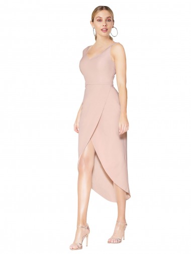 Stretch Crepe Spaghetti Straps Sleeveless V-Back Knee Length High Low Evening Gown / Prom Dress / Bridesmaid Dress Essex