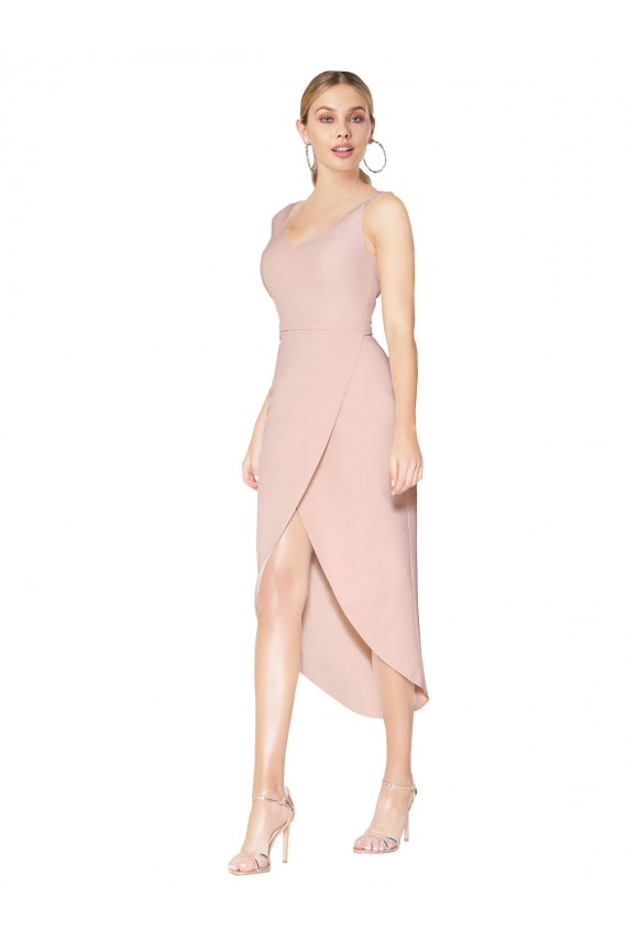 Stretch Crepe Spaghetti Straps Sleeveless V-Back Knee Length High Low Evening Gown / Prom Dress / Bridesmaid Dress Essex