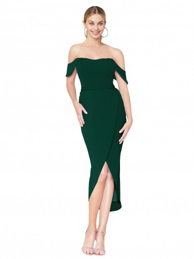 Stretch Crepe Off the Shoulder Sleeveless Knee Length High Low Evening Gown / Prom Dress / Bridesmaid Dress Essex