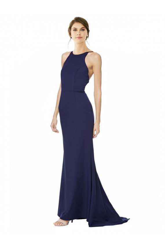 Stretch Crepe Halter Neck Sleeveless Open Back Navy Blue Long Formal Evening Gown / Prom Dress / Bridesmaid Dress Essex