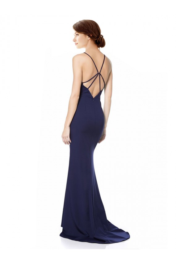 Stretch Crepe Halter Neck Sleeveless Open Back Navy Blue Long Formal Evening Gown / Prom Dress / Bridesmaid Dress Essex