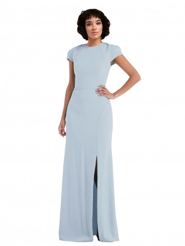 Stretch Crepe Jewel Neck Cap Sleeves Keyhole Back Long Semi Formal Evening Dress / Bridesmaid Dress Essex