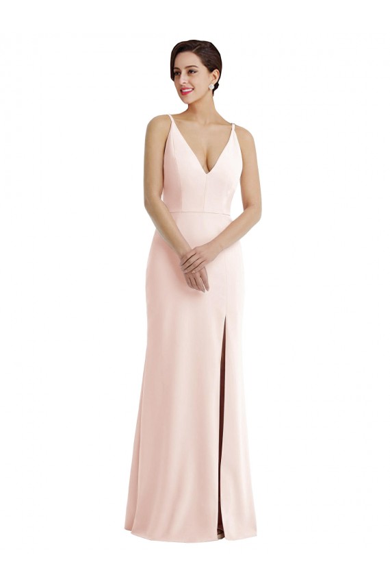 Stretch Crepe V-Neck Sleeveless V-Back Pink Long Formal Evening Gown / Prom Dress / Bridesmaid Dress Essex