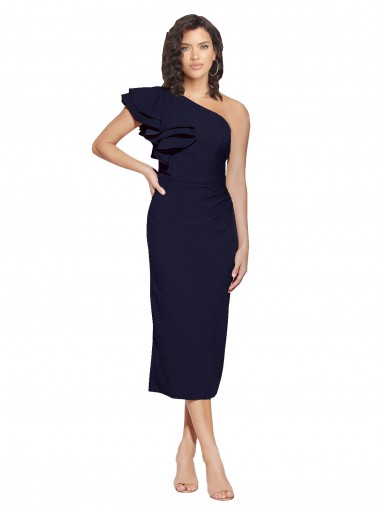Stretch Crepe One Shoulder Sleeveless Dark Navy Midi Length Formal Evening Gown / Prom Dress / Bridesmaid Dress Essex