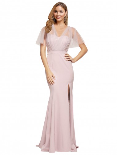 Stretch Crepe & Tulle One Shoulder Short Sleeves V-Back Long Formal Evening Gown / Prom Dress / Bridesmaid Dress Essex