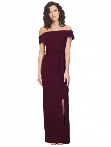 Stretch Crepe Off the Shoulder Sleeveless Low Back Burgundy Gold Long Formal Evening Gown / Prom Dress / Bridesmaid Dress Essex