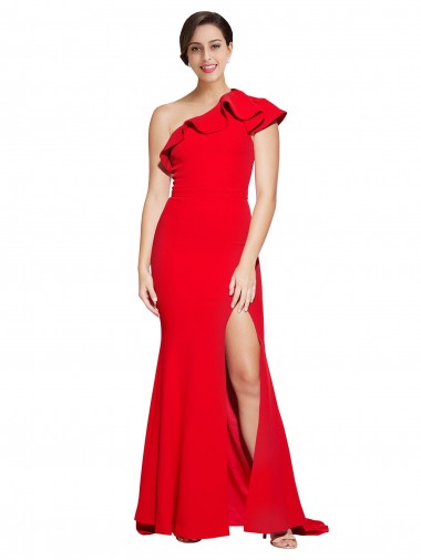 Stretch Crepe One Shoulder Sleeveless Red Sweep Train Semi Formal Evening Dress / Prom Dress / Bridesmaid Dress Essex