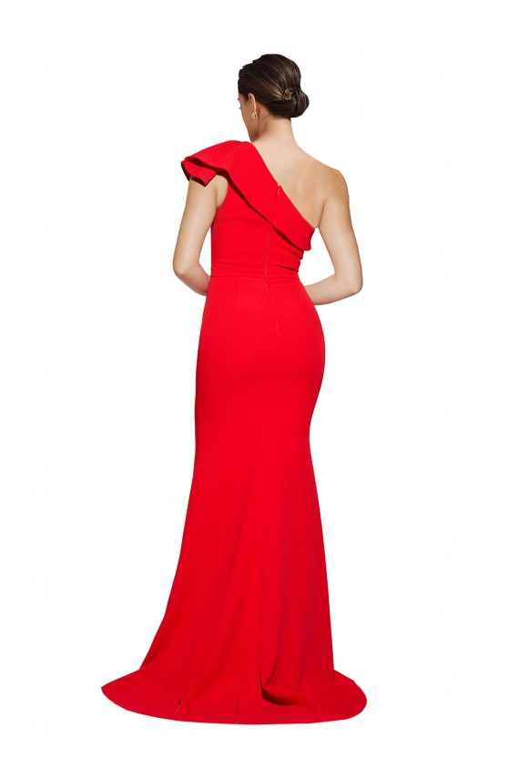 Stretch Crepe One Shoulder Sleeveless Red Sweep Train Semi Formal Evening Dress / Prom Dress / Bridesmaid Dress Essex