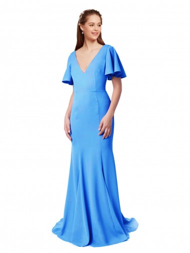 Stretch Crepe V-Neck Short Sleeves V-Back Sweep Train Prom Dress / Bridesmaid Dress Essex