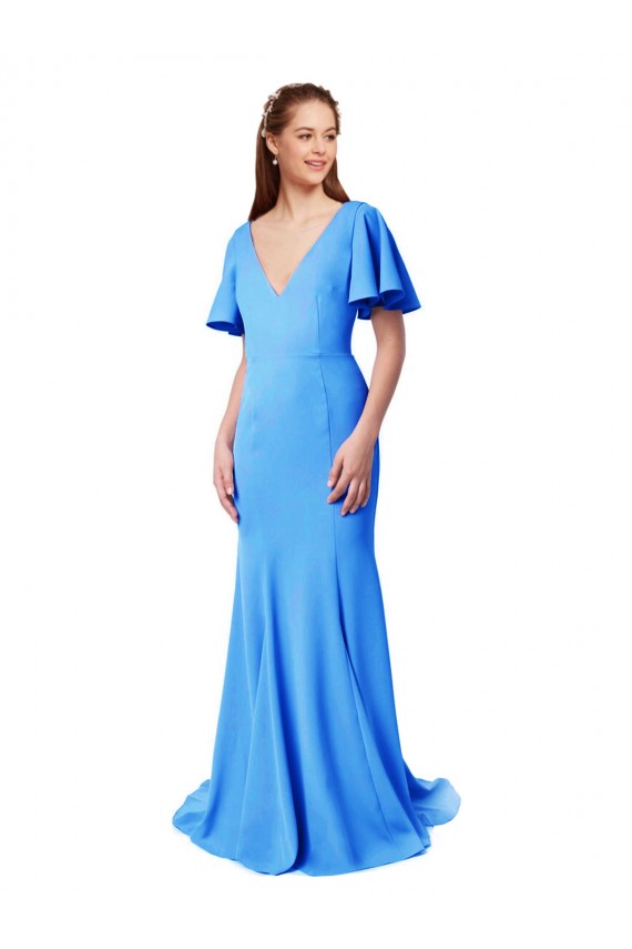 Stretch Crepe V-Neck Short Sleeves V-Back Sweep Train Prom Dress / Bridesmaid Dress Essex