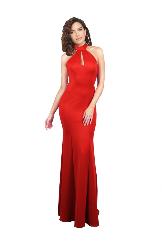 Stretch Satin Halter Neck Sleeveless Keyhole Back Long Formal Evening Gown / Prom Dress / Bridesmaid Dress Essex