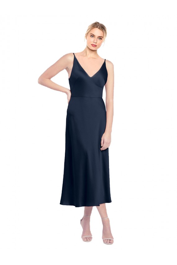 Stretch Satin V-Neck Sleeveless V-Back Midi Length Formal Evening Gown / Prom Dress / Bridesmaid Dress Essex