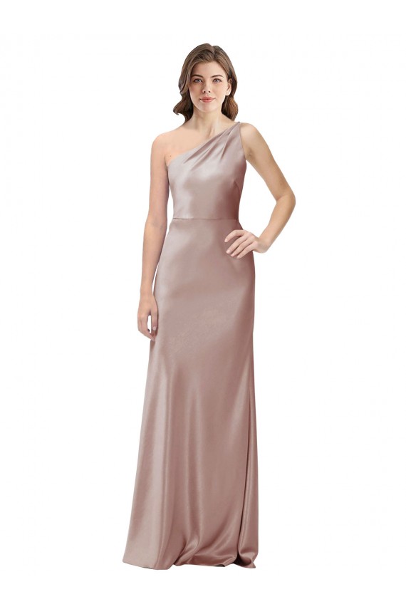 Stretch Satin One Shoulder Sleeveless Open Back Dusty Pink Long Formal Evening Gown / Prom Dress / Bridesmaid Dress Essex