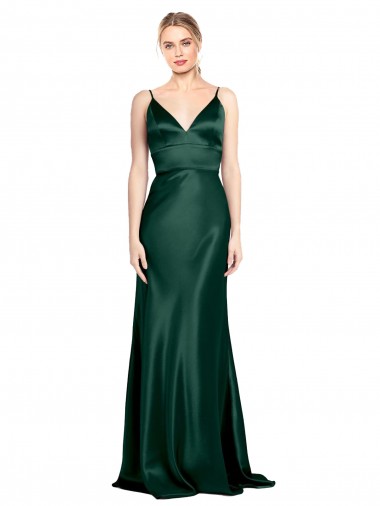 Stretch Satin Spaghetti Straps Sleeveless V-Back Hunter Long Formal Evening Gown / Prom Dress / Bridesmaid Dress Essex