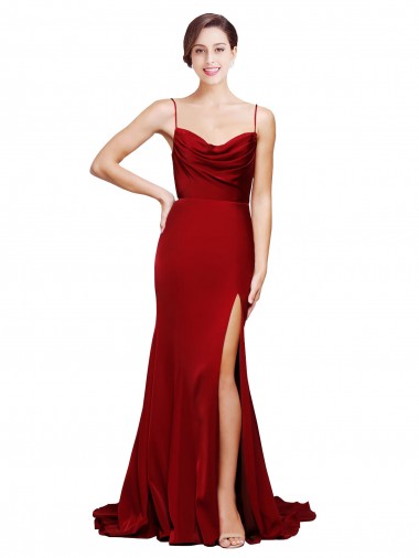 Stretch Satin Spaghetti Straps Sleeveless Open Back Sweep Train Black Tie Evening Gown / Prom Dress / Bridesmaid Dress Essex
