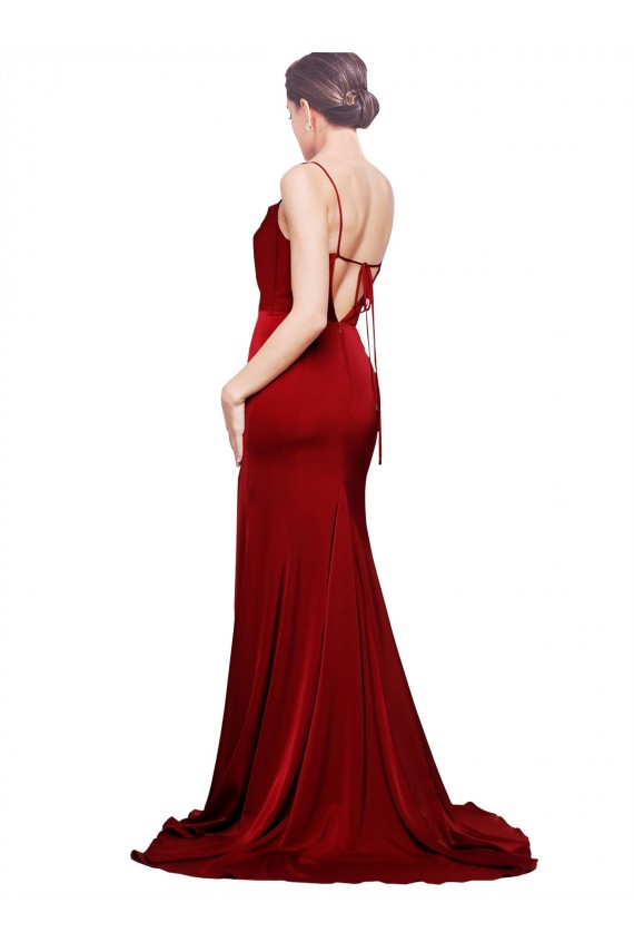 Stretch Satin Spaghetti Straps Sleeveless Open Back Sweep Train Black Tie Evening Gown / Prom Dress / Bridesmaid Dress Essex