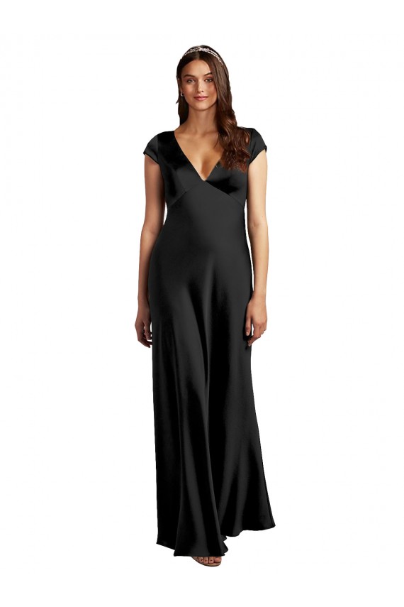 Stretch Satin V-Neck Cap Sleeves Keyhole Back Long Formal Evening Gown / Prom Dress / Bridesmaid Dress Essex