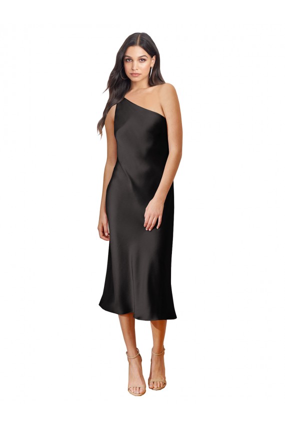 Stretch Satin One Shoulder Sleeveless Black Midi Length Black Tie Evening Dress / Prom Dress / Bridesmaid Dress Essex