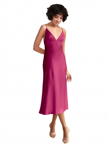 Stretch Satin V-Neck Sleeveless Low Back Midi Length Formal Evening Gown / Prom Dress / Bridesmaid Dress Essex