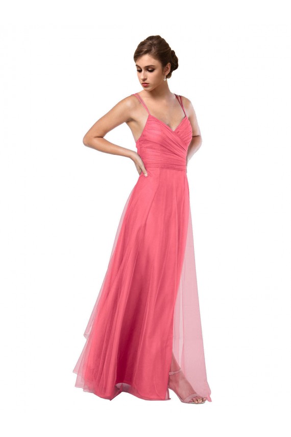 Tulle Spaghetti Straps Sleeveless V-Back Long Bridesmaid Dress Essex