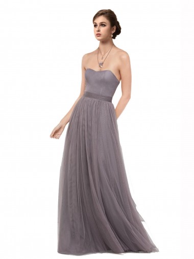 Tulle Spaghetti Straps Sleeveless V-Back Pewter Long Bridesmaid Dress Essex