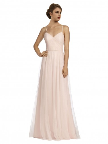 Tulle Spaghetti Straps Sleeveless Pink Long Bridesmaid Dress Essex