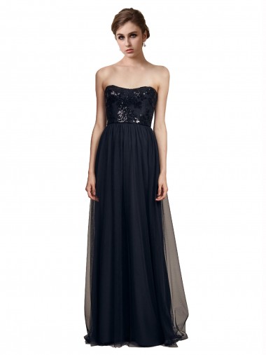 Tulle Sweetheart Sleeveless Black Long Bridesmaid Gown Essex