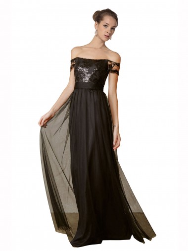 Tulle & Sequin Off the Shoulder Sleeveless Long Bridesmaid Dress Essex