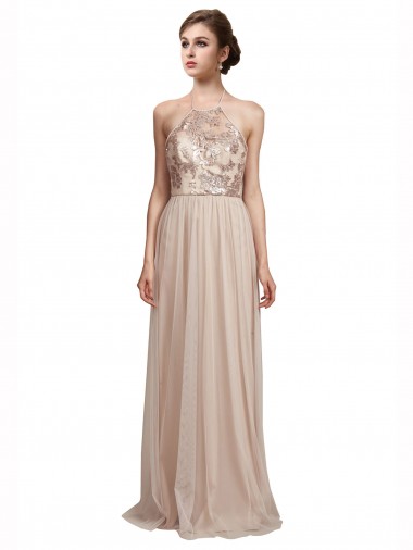 Tulle Halter Neck Sleeveless Nude Long Bridesmaid Dress Essex
