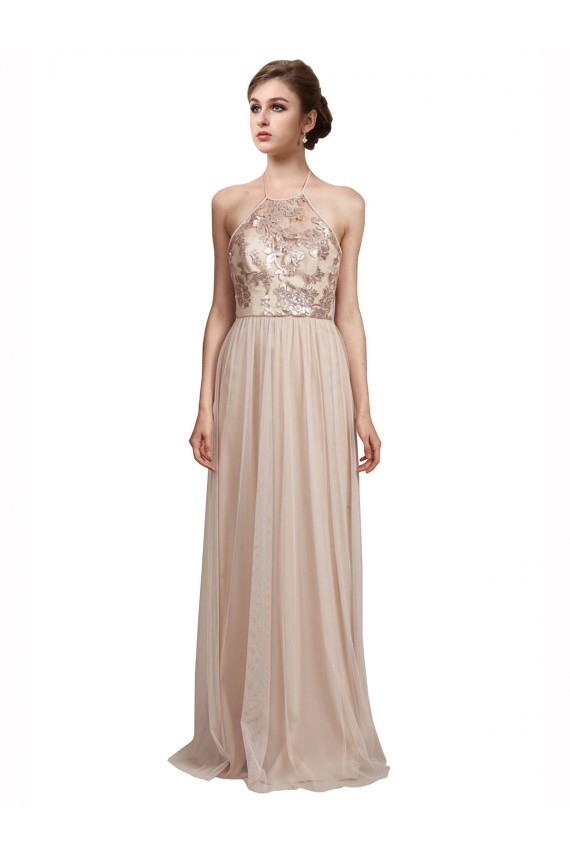 Tulle Halter Neck Sleeveless Nude Long Bridesmaid Dress Essex