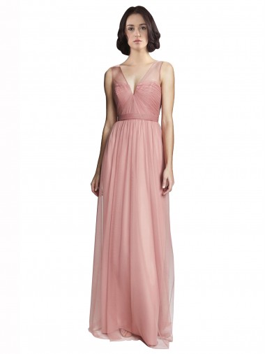 Tulle V-Neck Sleeveless Rose Pink Long Bridesmaid Dress Essex