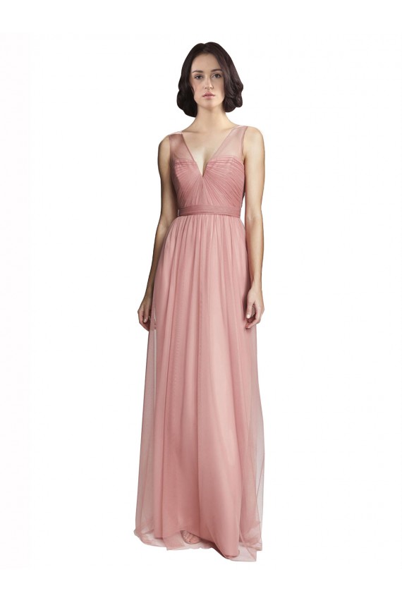 Tulle V-Neck Sleeveless Rose Pink Long Bridesmaid Dress Essex