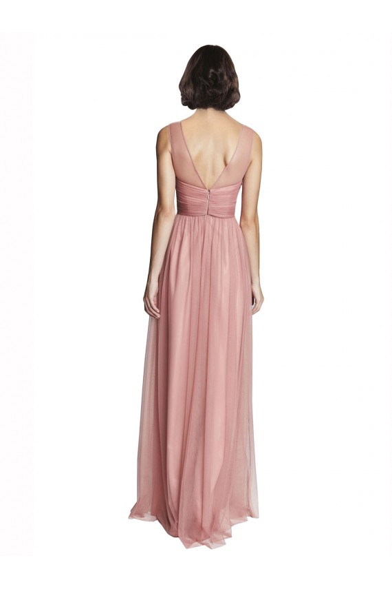 Tulle V-Neck Sleeveless Rose Pink Long Bridesmaid Dress Essex