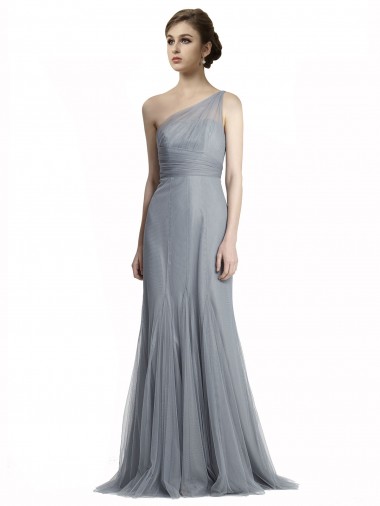 Tulle One Shoulder Sleeveless Slate Grey Long Bridesmaid Dress Essex